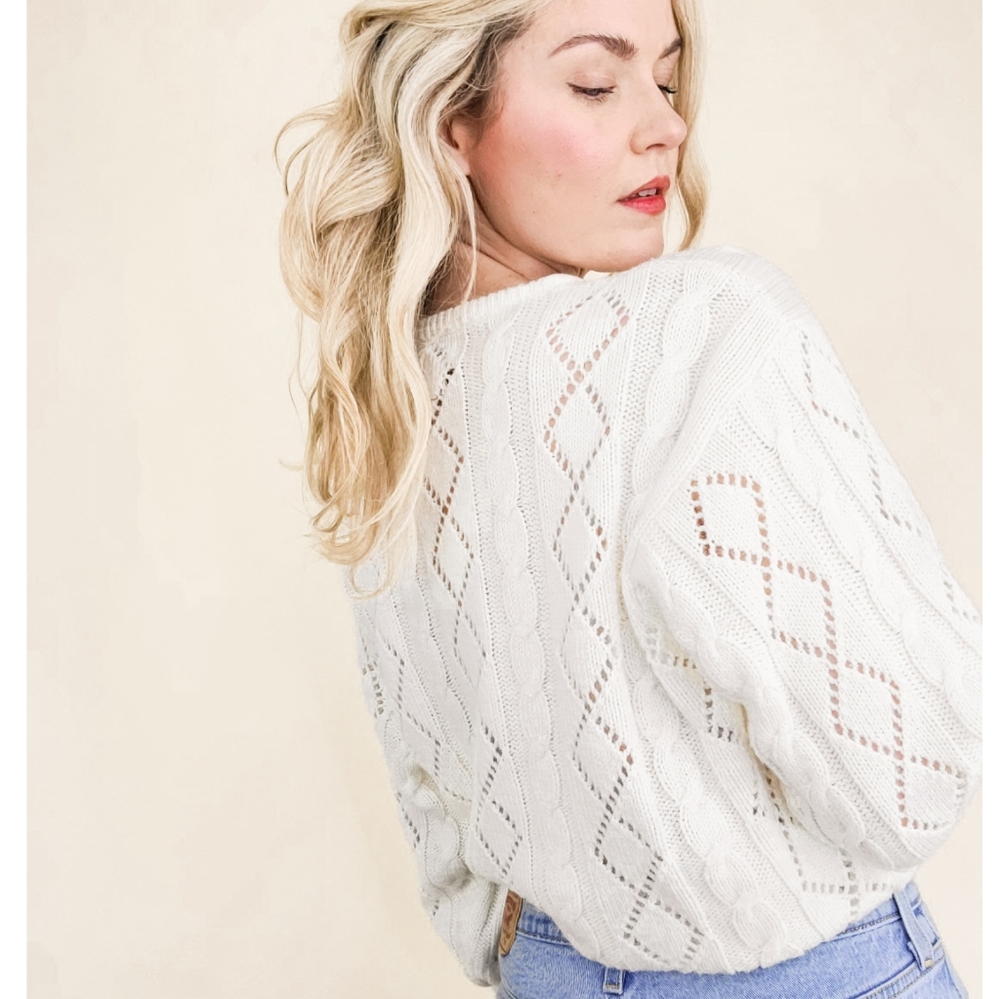 80s Ivory Floral Embroidered Pointelle VTG Sweater - Picture 12 of 16